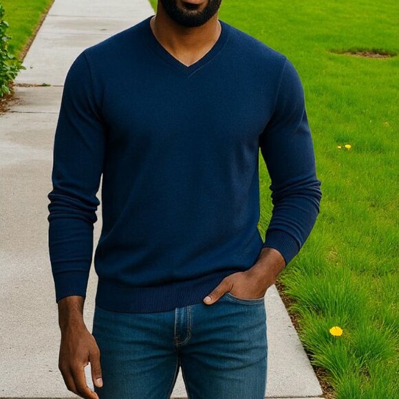 NWOT JOHN HENRIC (MED) Sweden 100 Merino V-Neck Navy Marl Pattern Sweater - Picture 2 of 9